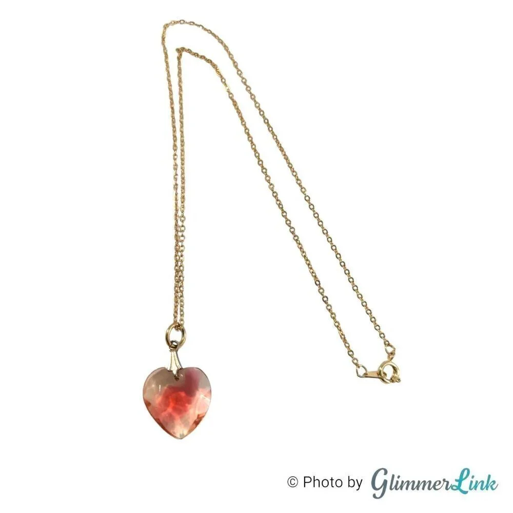 Vintage Translucent Red Faceted Heart Pendant Gold Tone Necklace